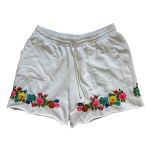 Sister Mary Shorts Women L White Floral Embroidered Boho Lounge Sweatshorts